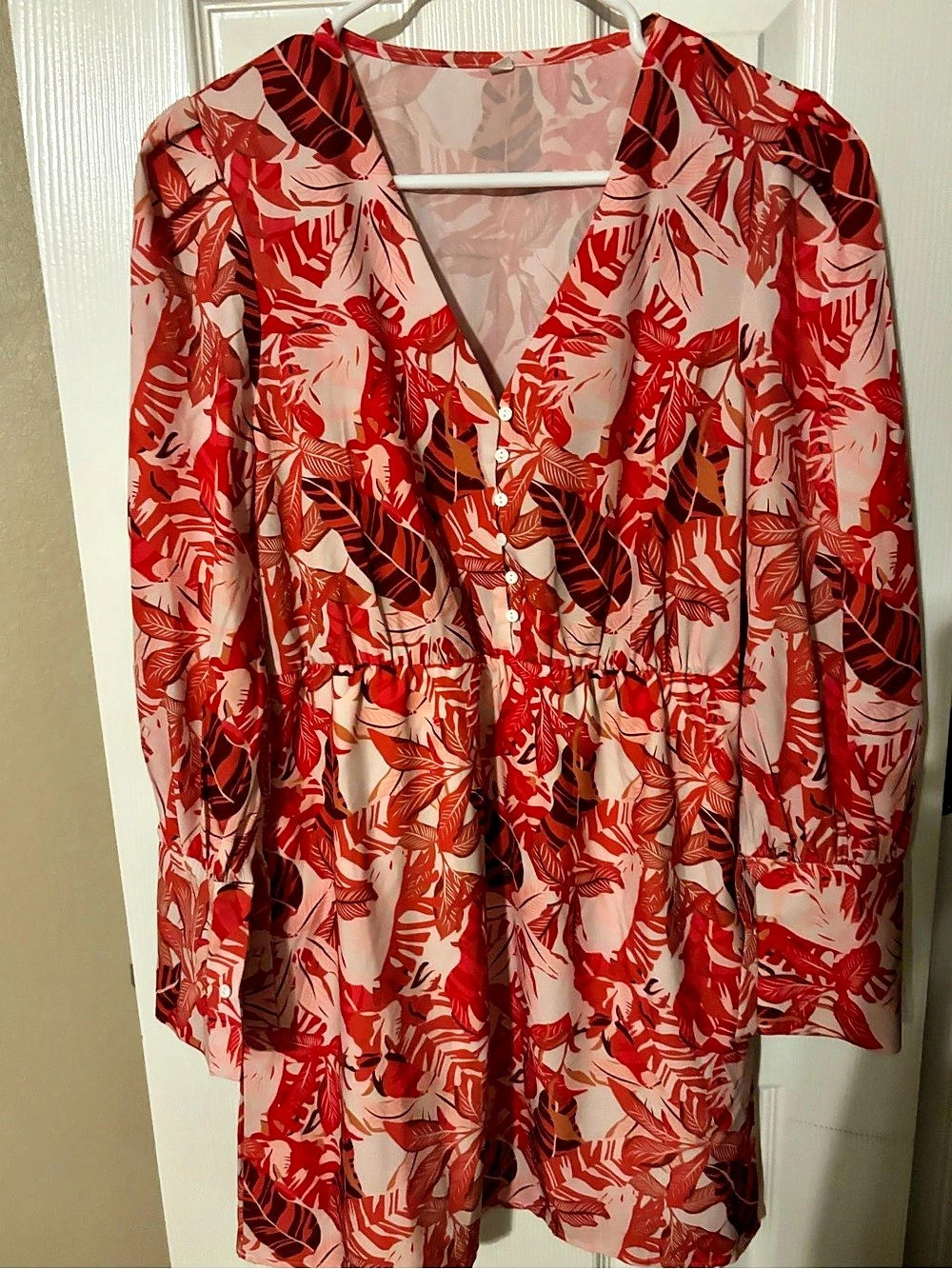 Tropical Leaf Linen-Blend Shirt Mini Dress Red & Pink Small